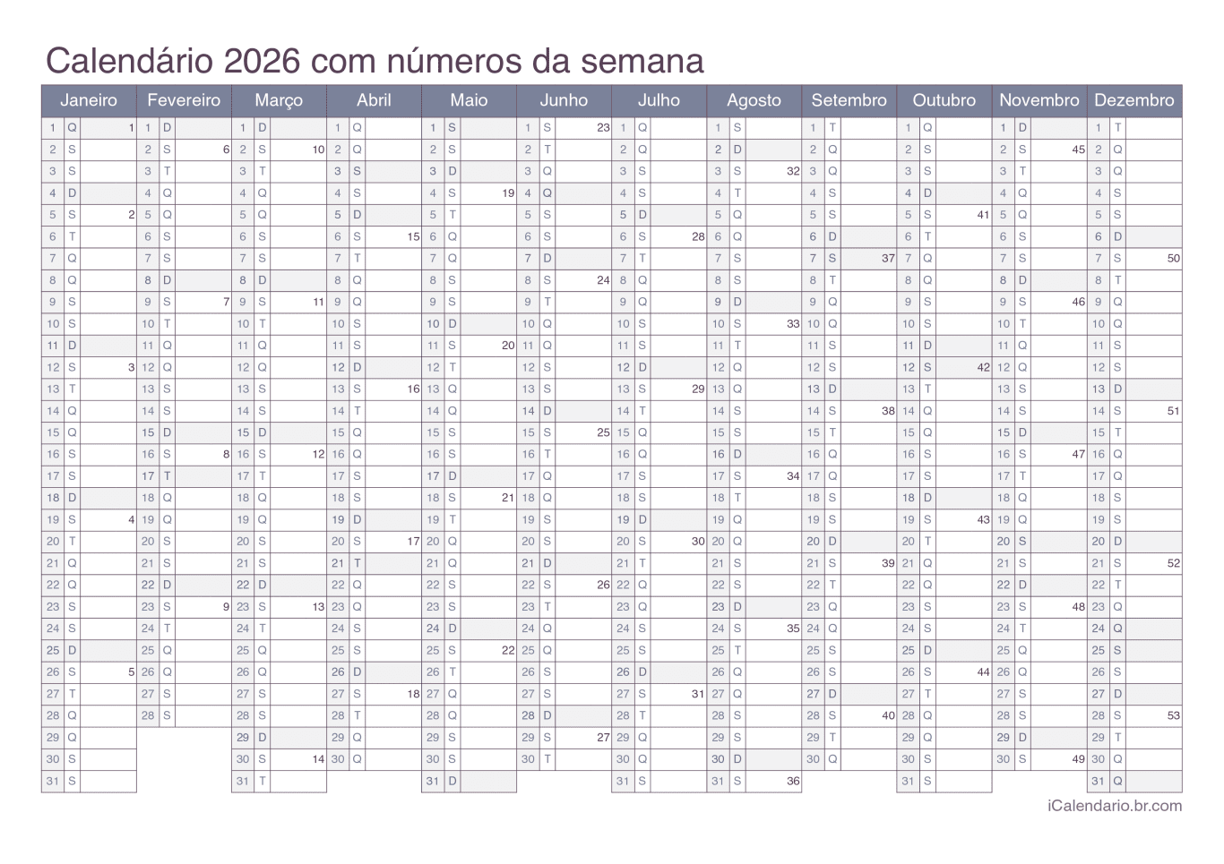 Calendário 2026 com números da semana - Office