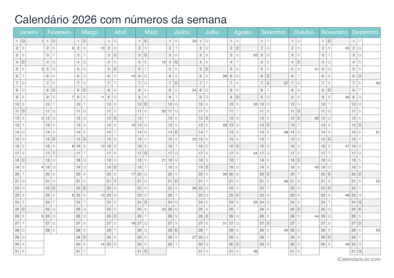 Calendário 2026 com números da semana - Turquesa