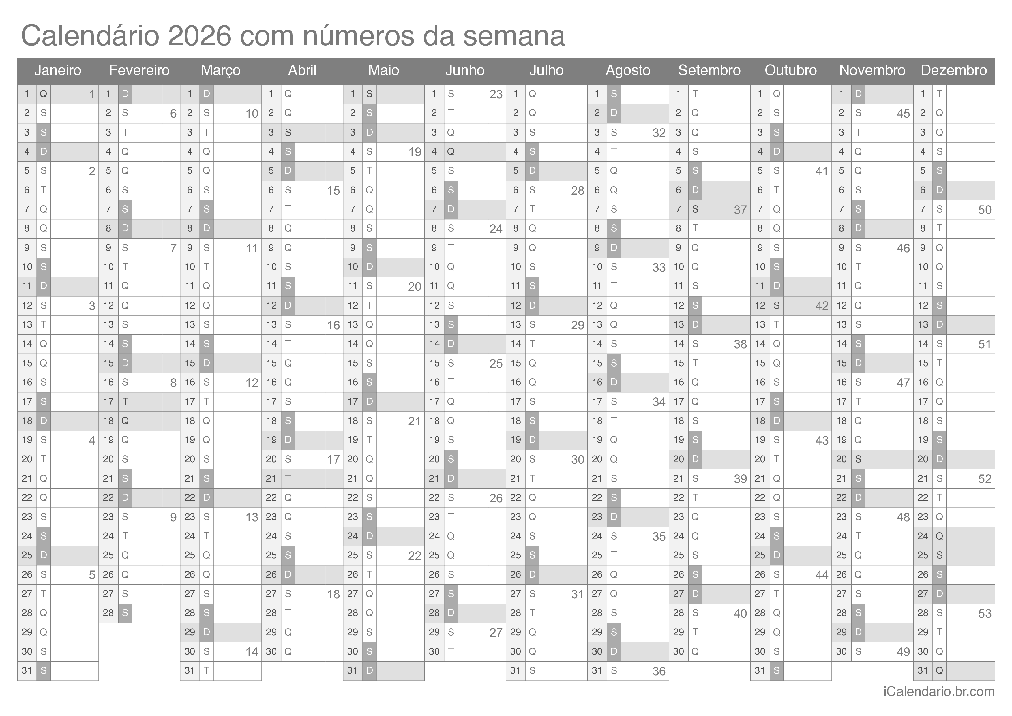 Calendario 2026 Para Imprimir Folhas De Calculo Excel