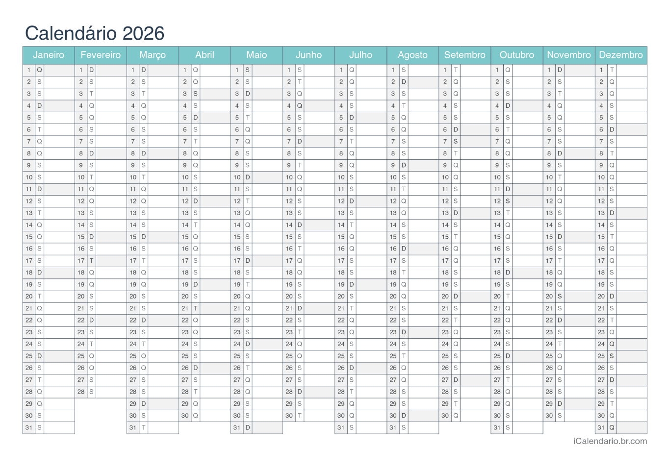 Calendário 2026 - Turquesa