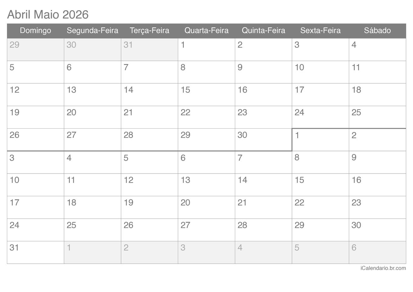 Calendário de abril maio 2026