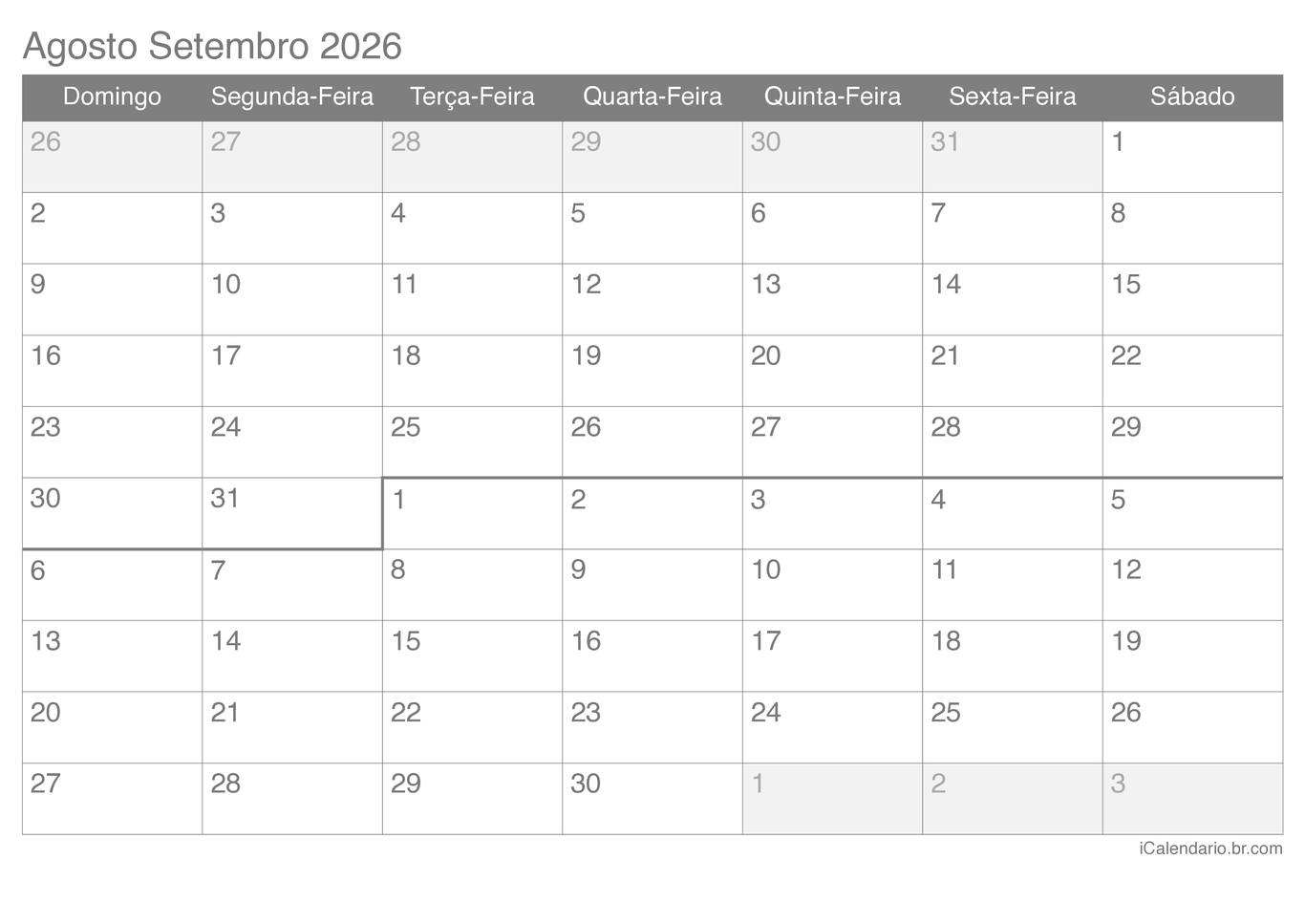 Calendário de agosto setembro 2026