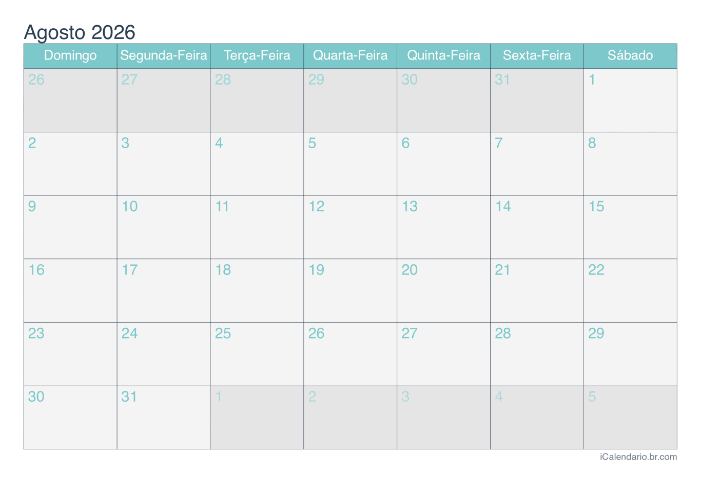 Calendário d'agosto 2026 - Turquesa