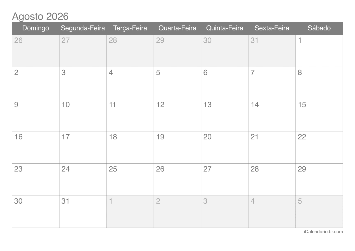 Calendário d'agosto 2026