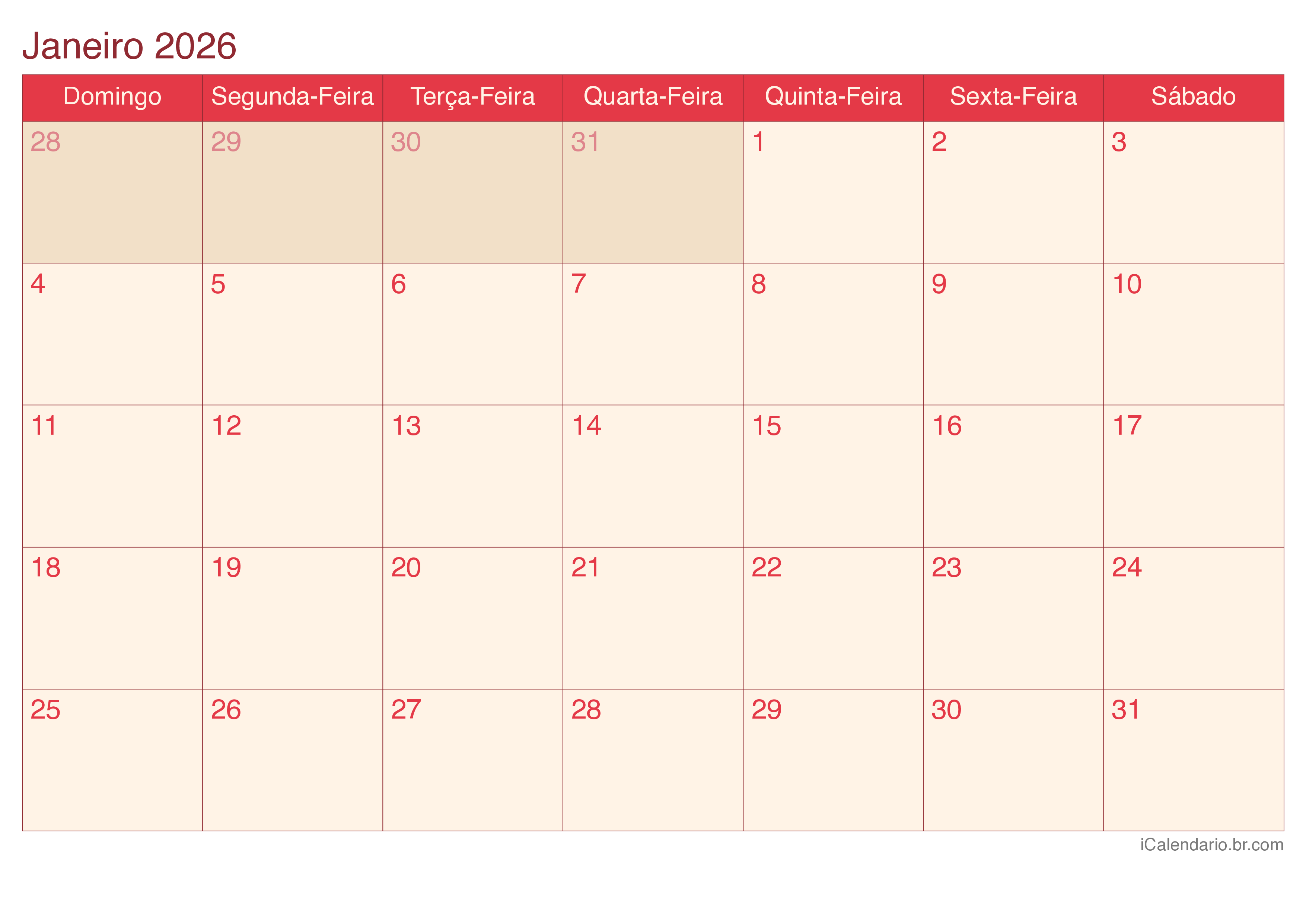 Calendário por mês 2026 - Cherry