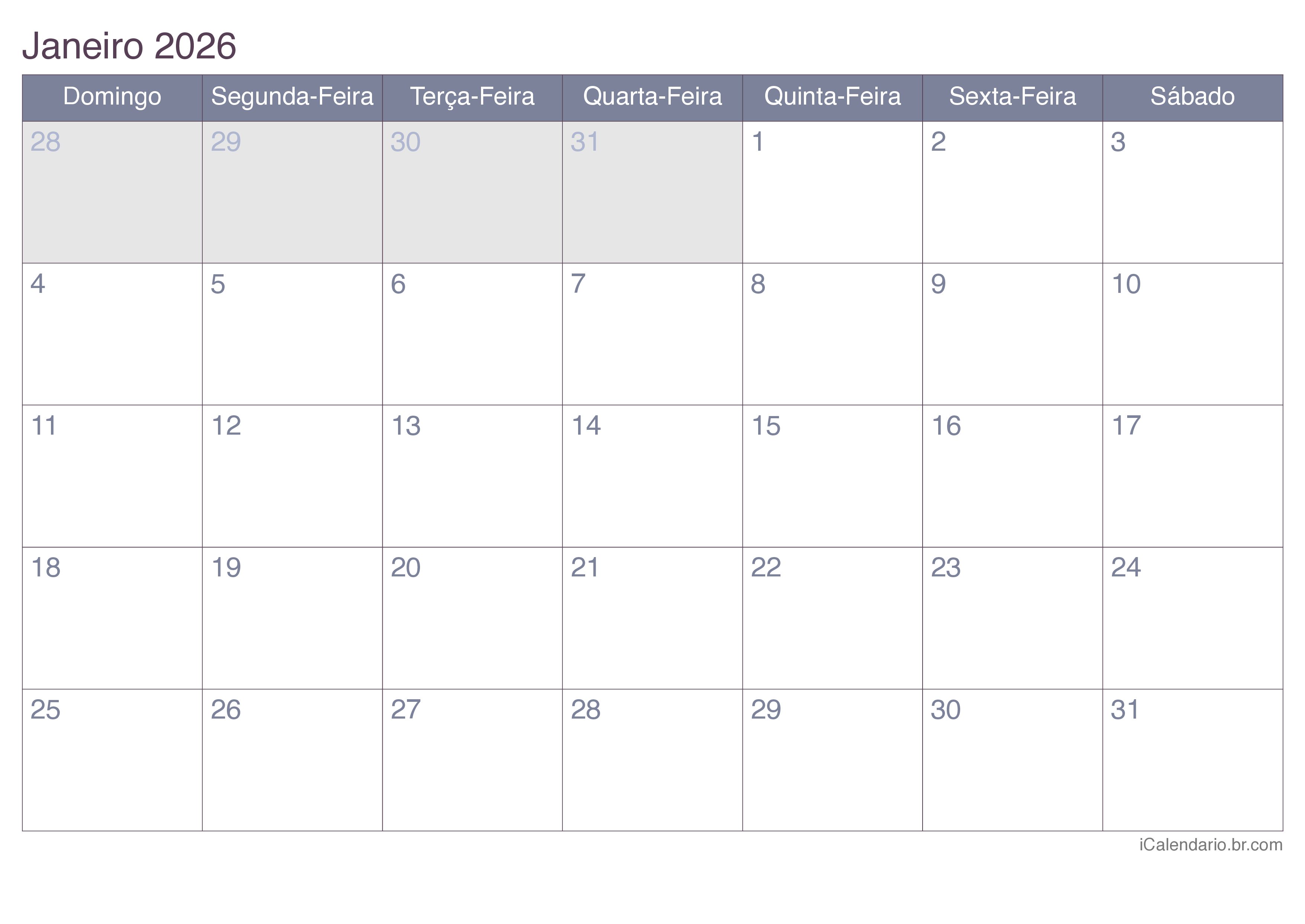 Calendário por mês 2026 - Office