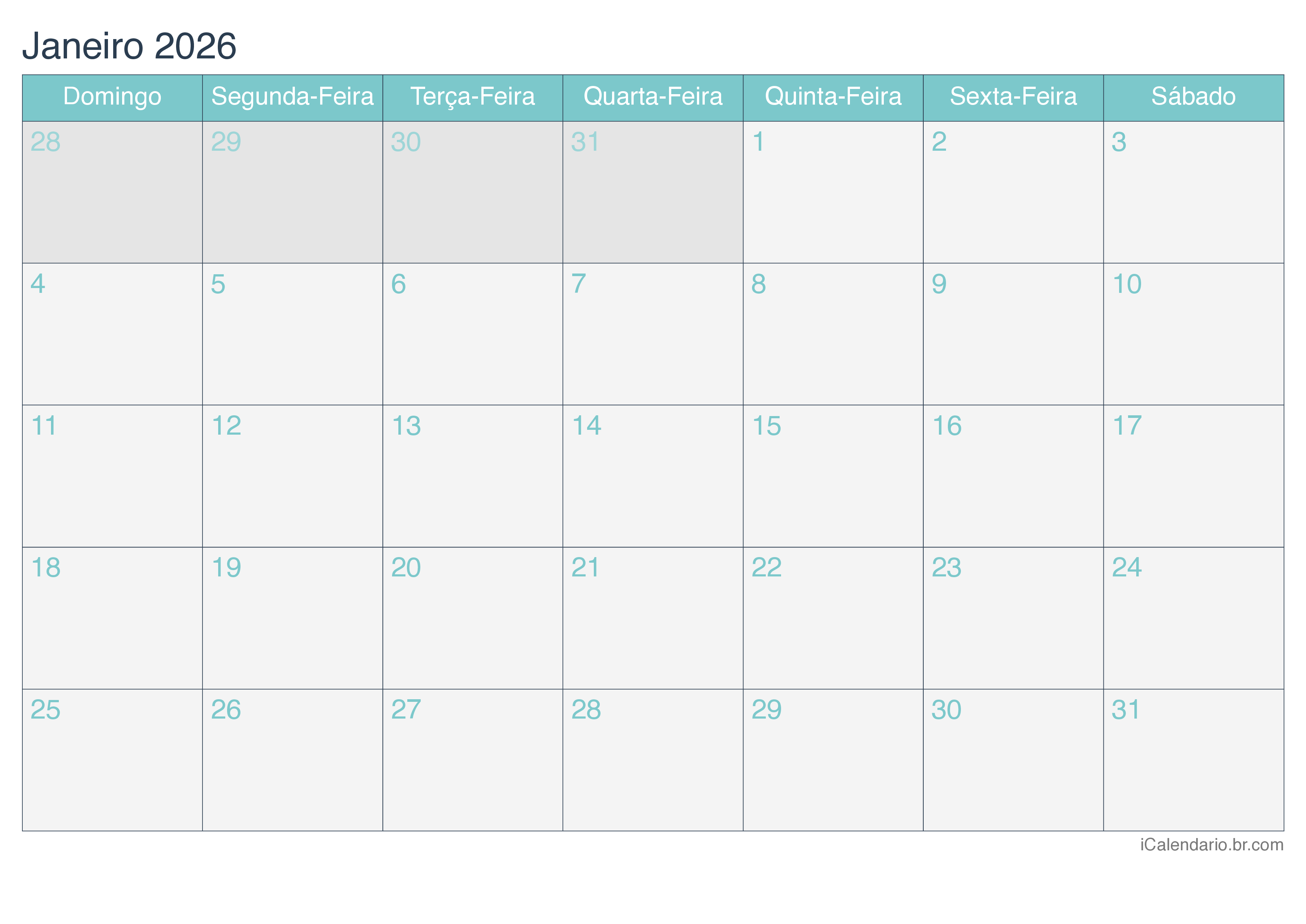 Calendário por mês 2026 - Turquesa
