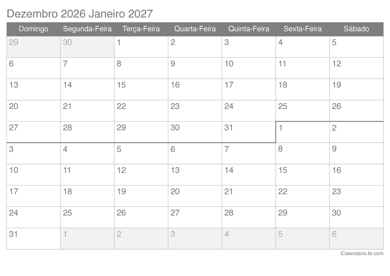 Calendário de dezembro janeiro 2026