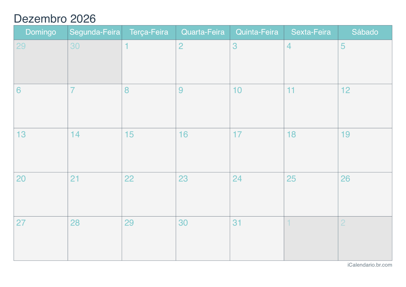 Calendário de dezembro 2026 - Turquesa