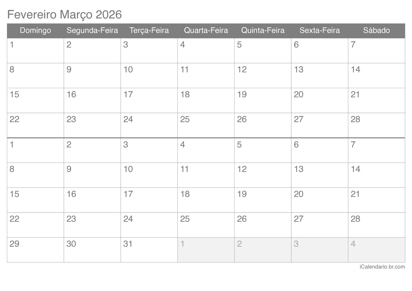 Calendário de fevereiro março 2026