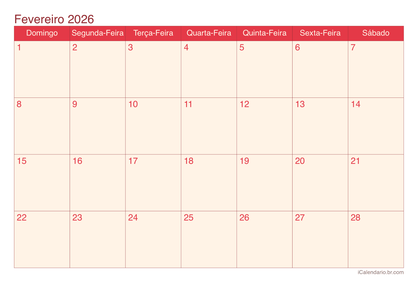 Calendário de fevereiro 2026 - Cherry