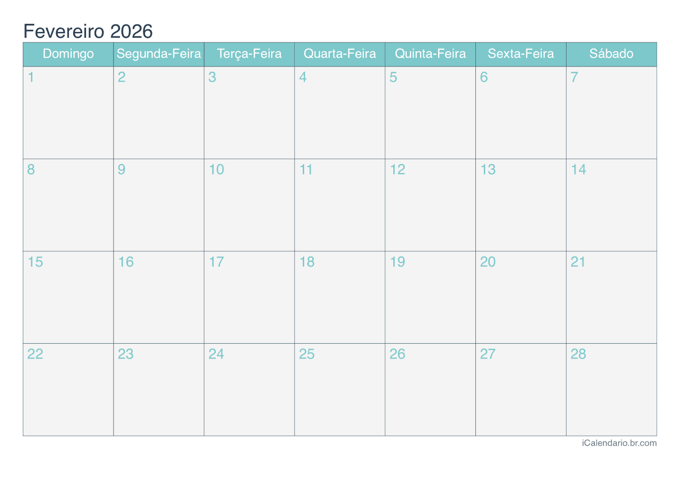 Calendário de fevereiro 2026 - Turquesa