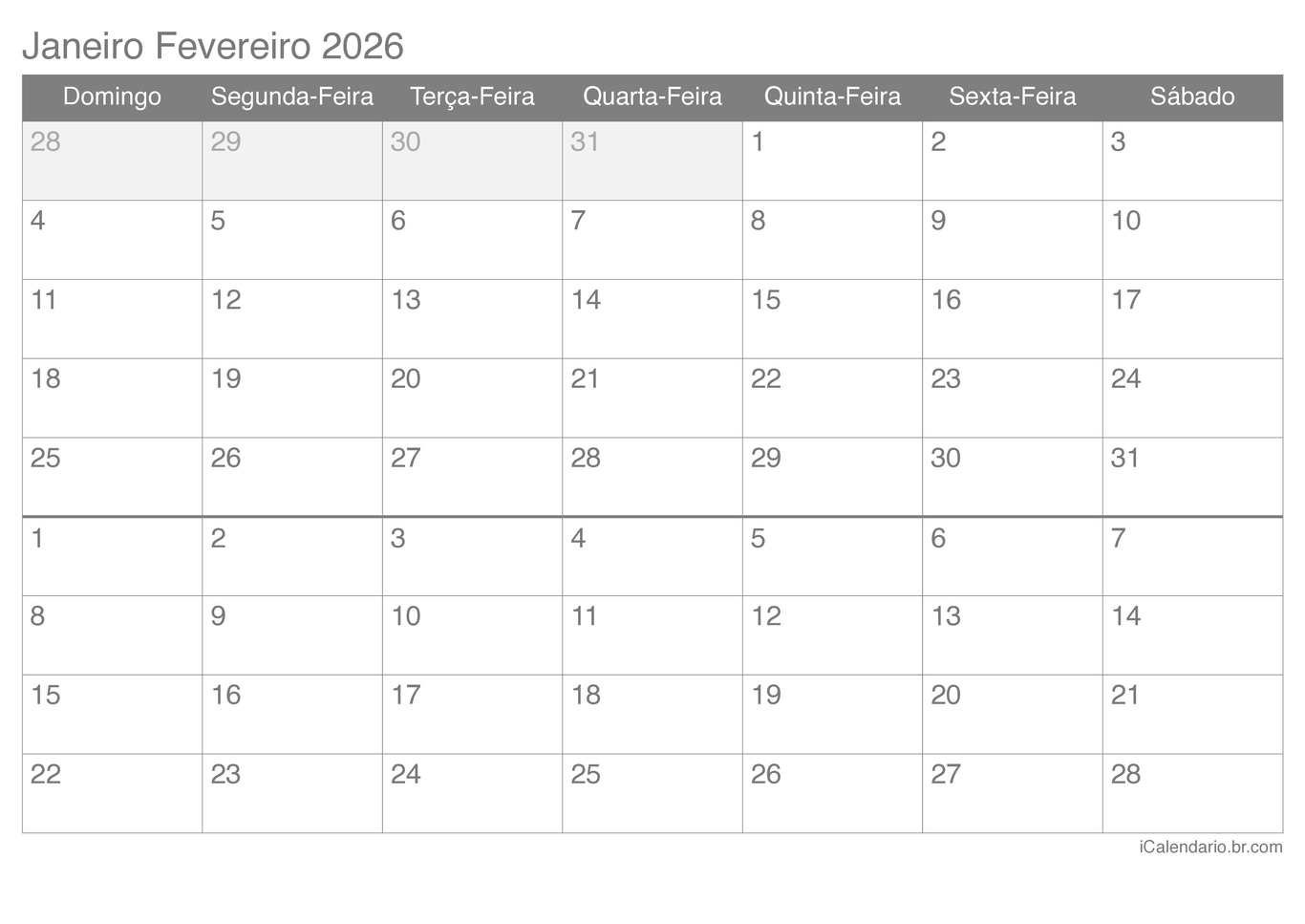 Calendário de janeiro fevereiro 2026