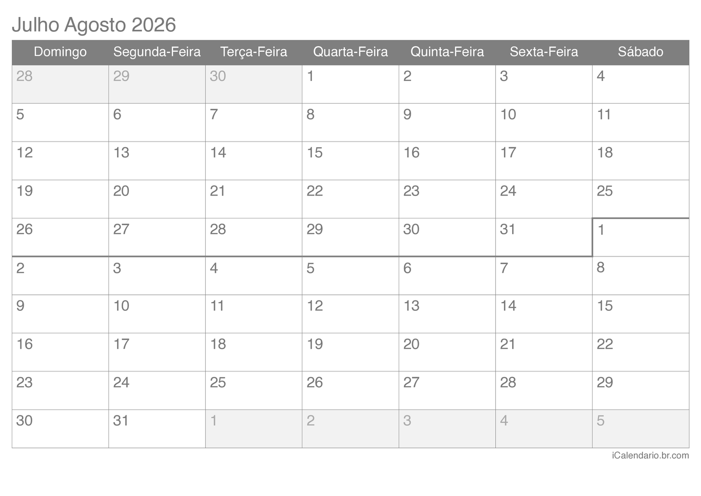 Calendário de julho agosto 2026