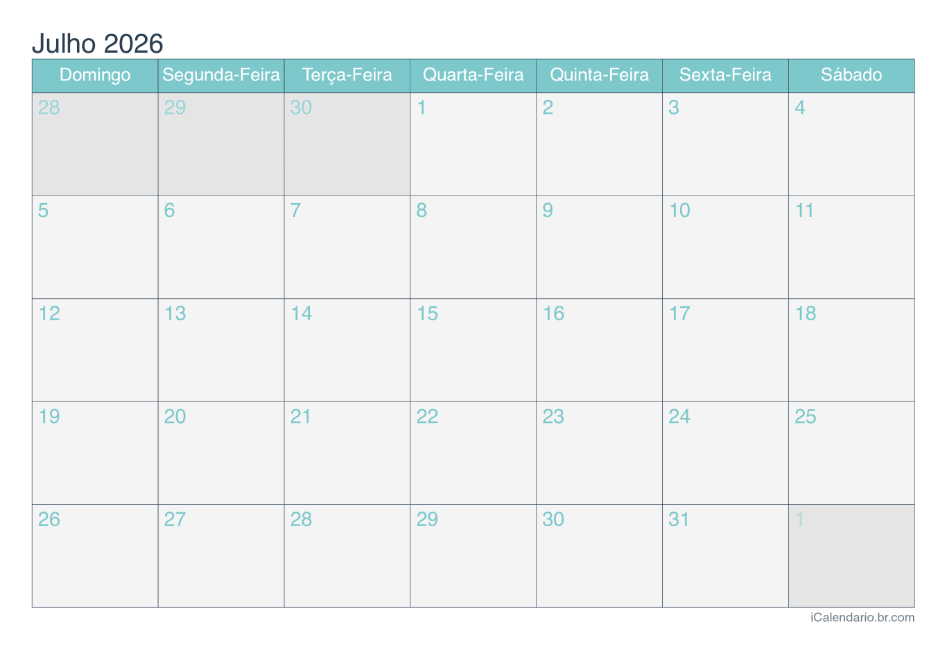 Calendário de julho 2026 - Turquesa