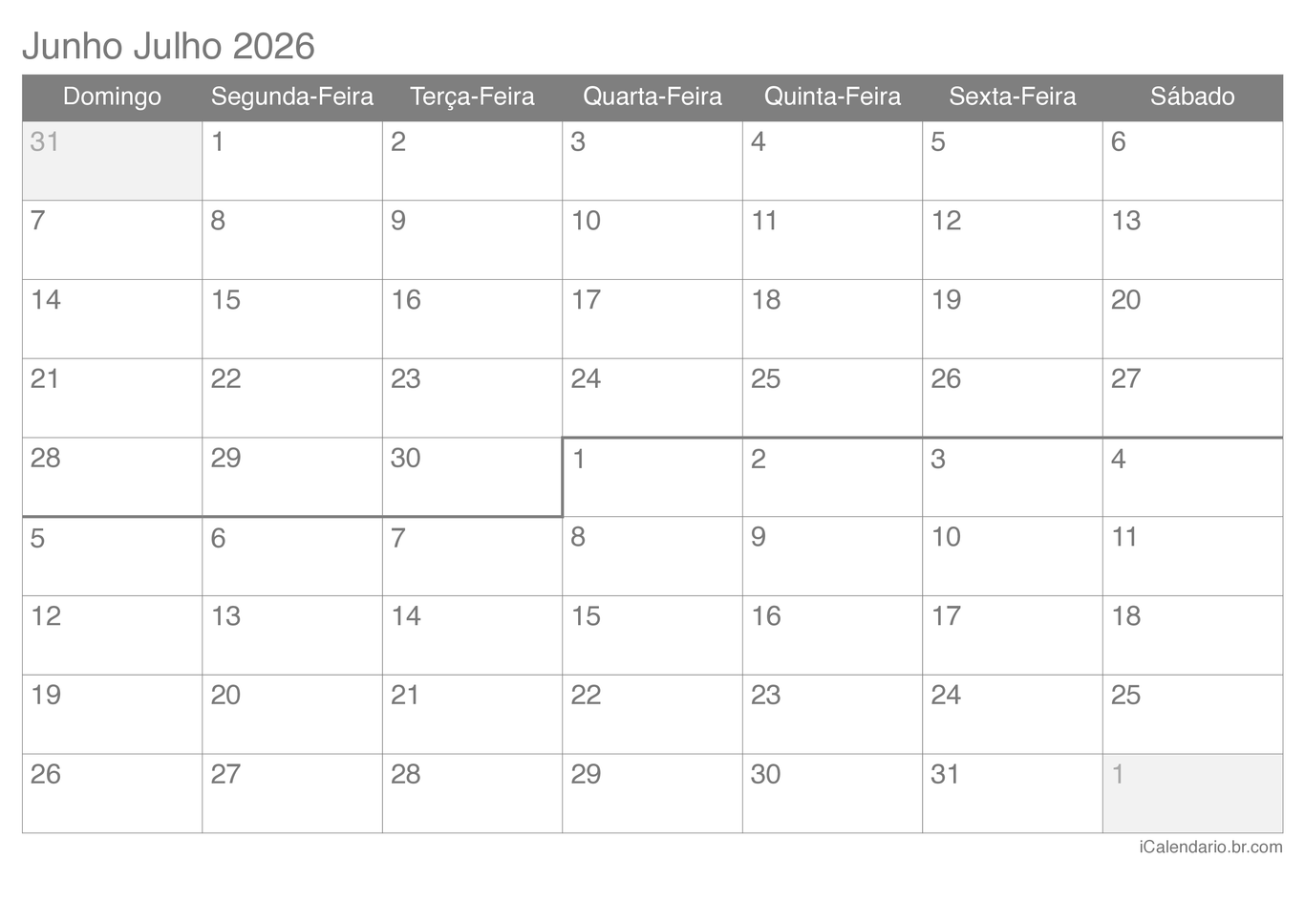 Calendário de junho julho 2026