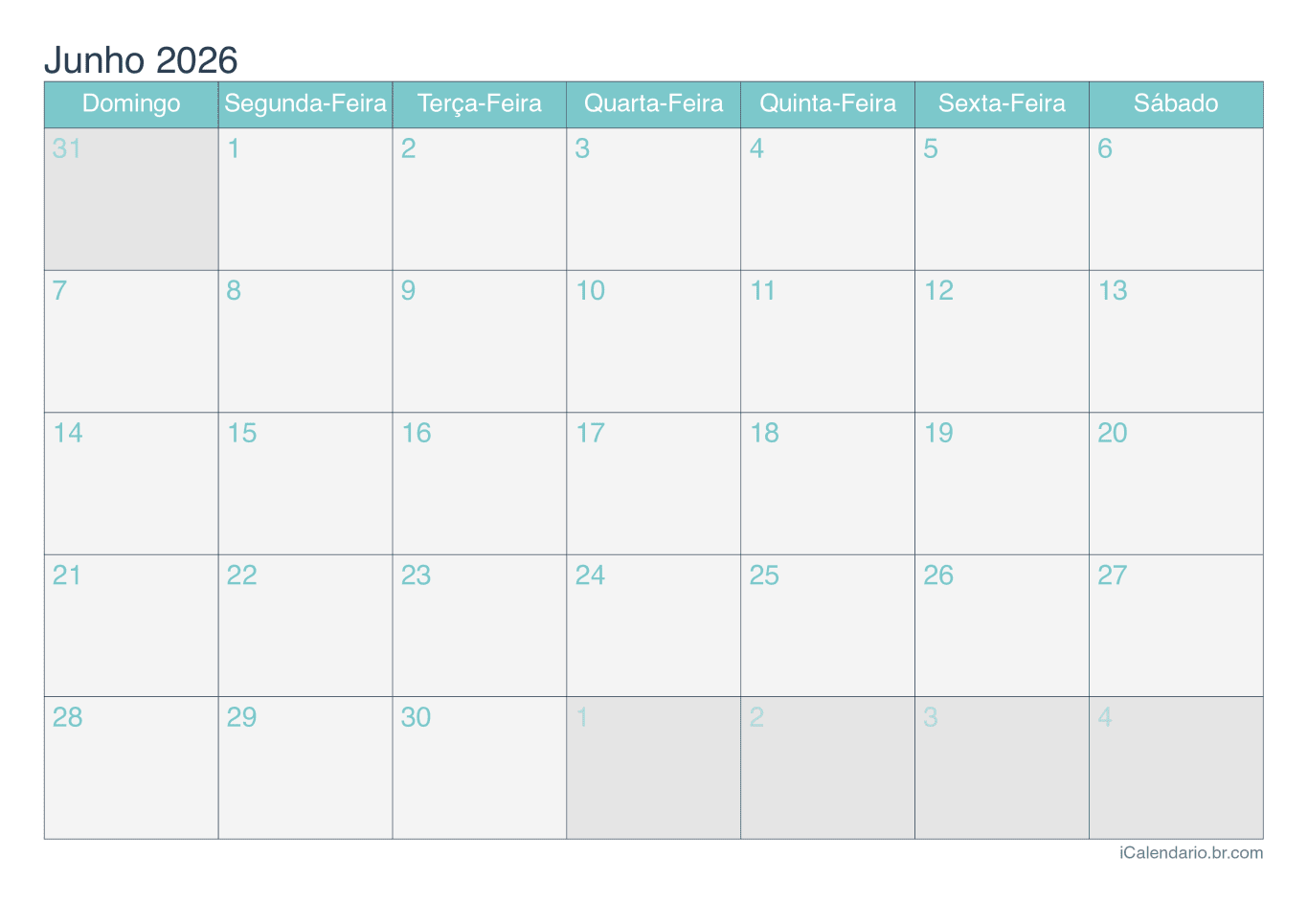 Calendário de junho 2026 - Turquesa