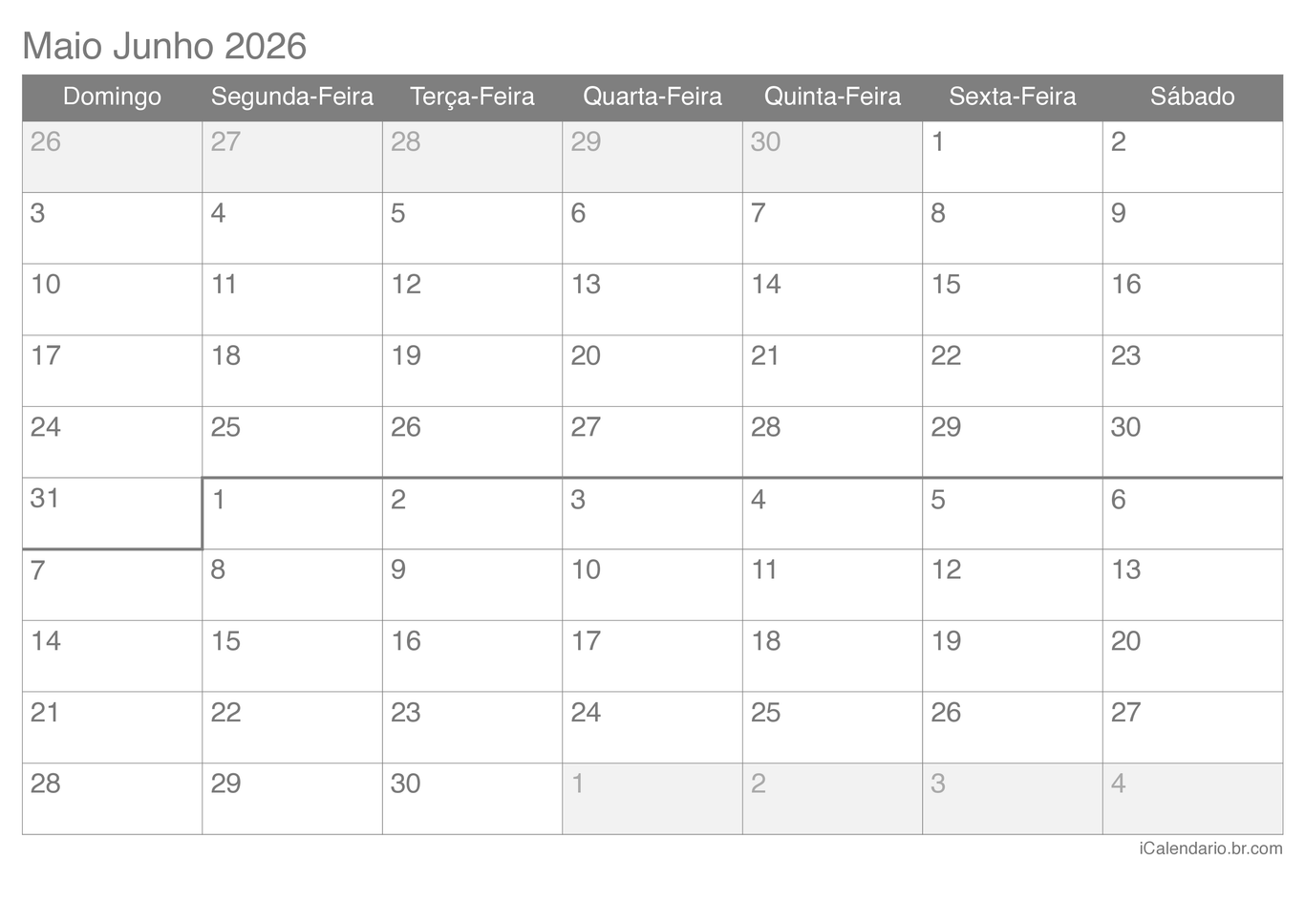 Calendário de maio junho 2026