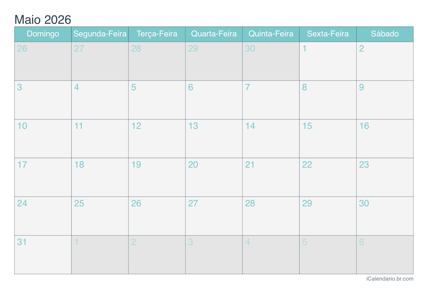 Calendário de maio 2026 - Turquesa