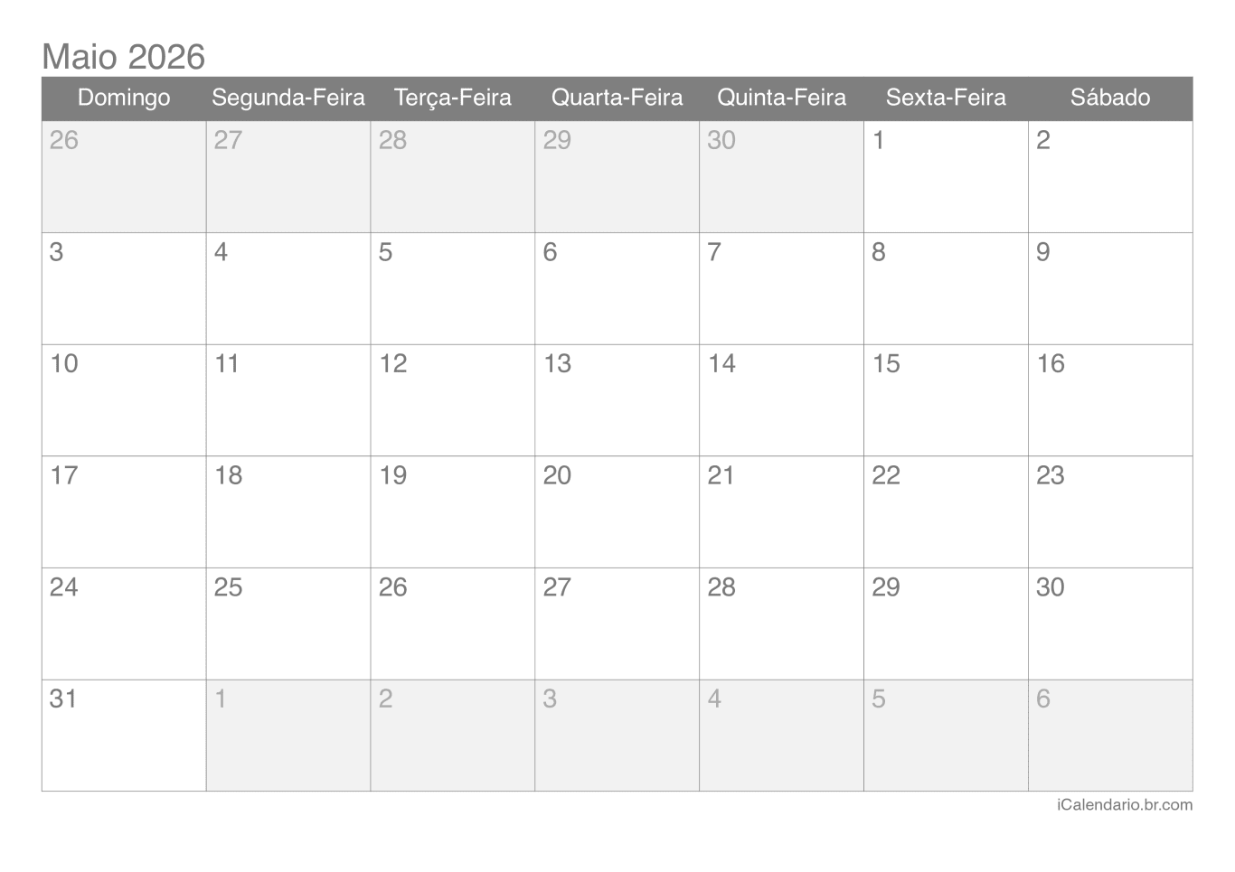 Calendário de maio 2026