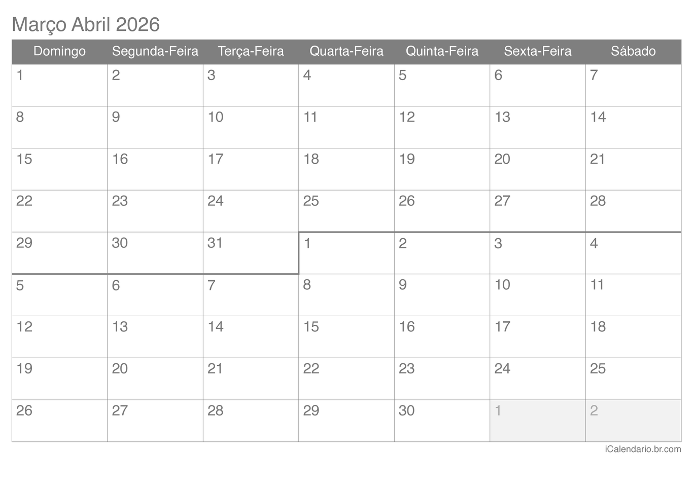 Calendário de março abril 2026
