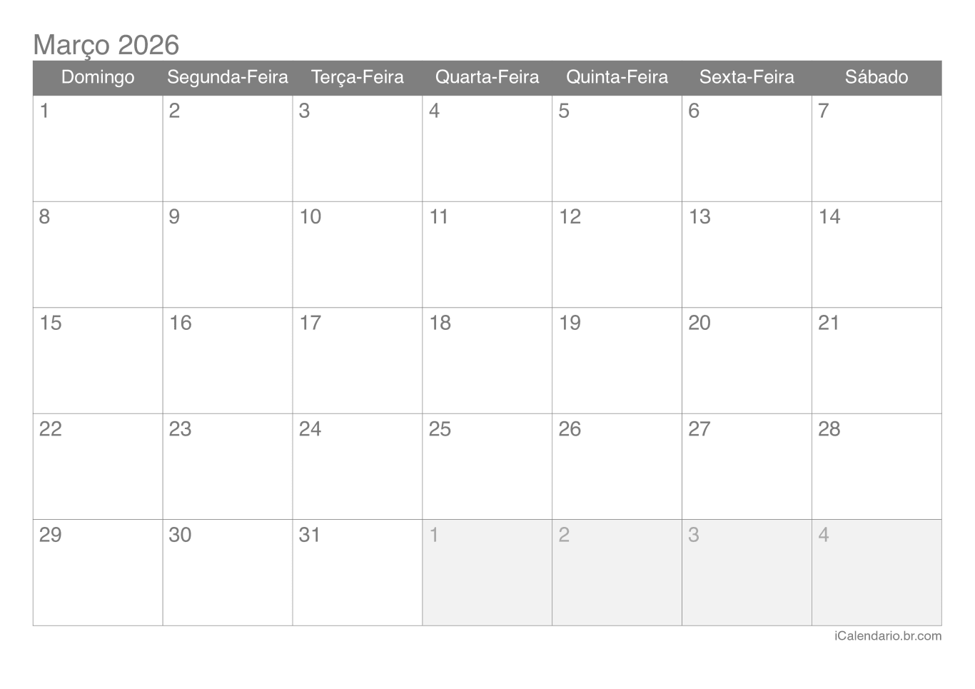 Calendário de março 2026