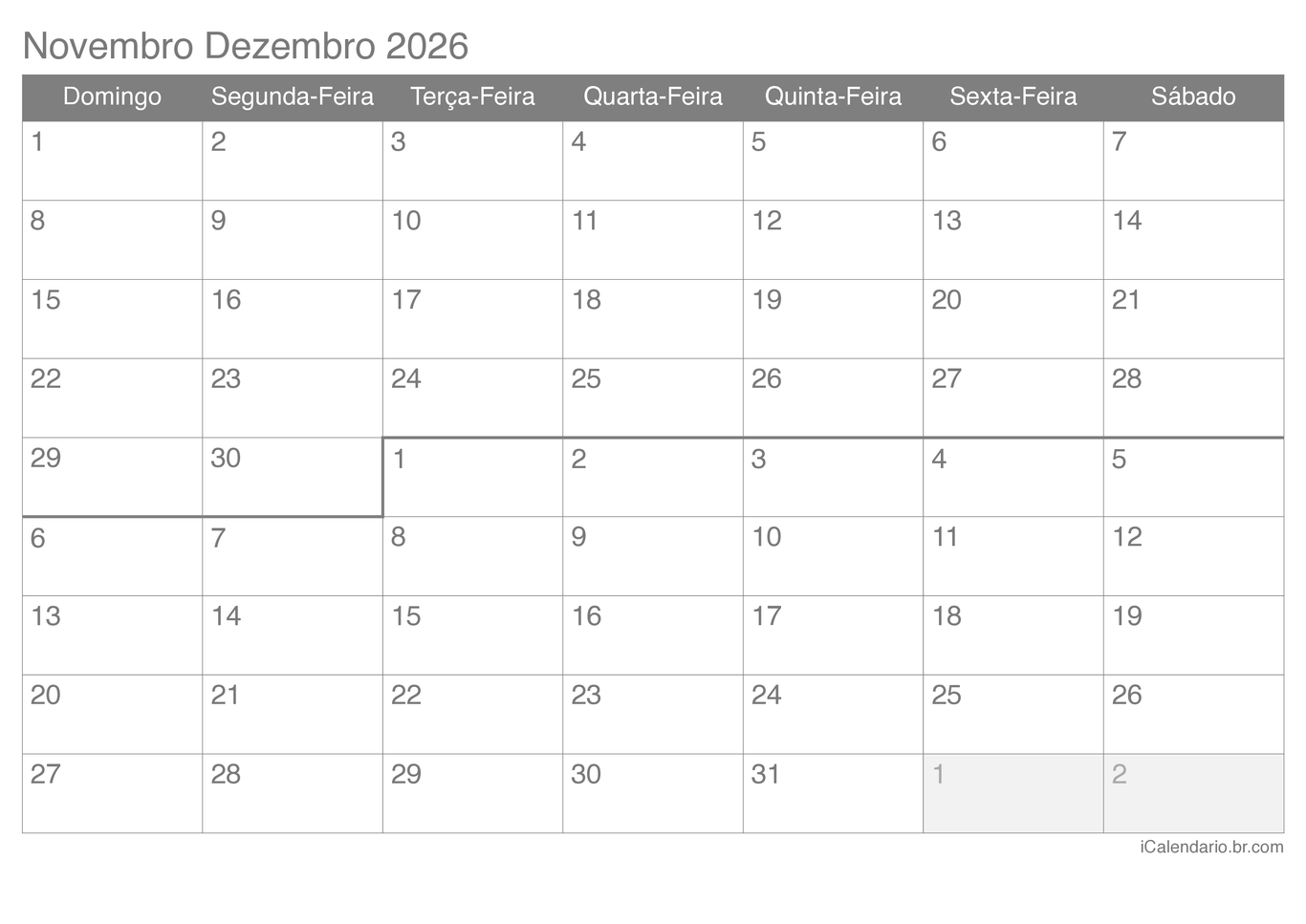 Calendário de novembro dezembro 2026
