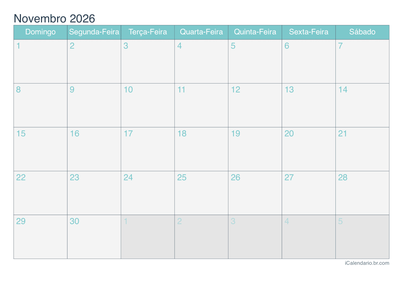 Calendário de novembro 2026 - Turquesa