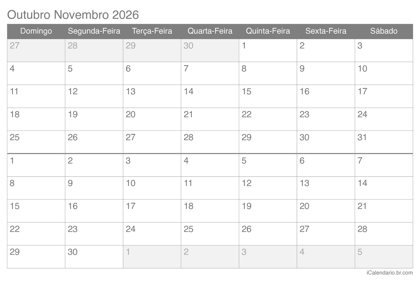 Calendário de outubro novembro 2026