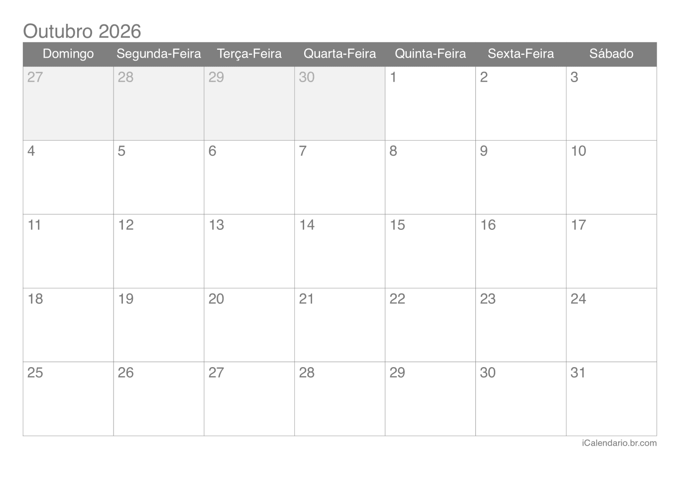 Calendário d'outubro 2026