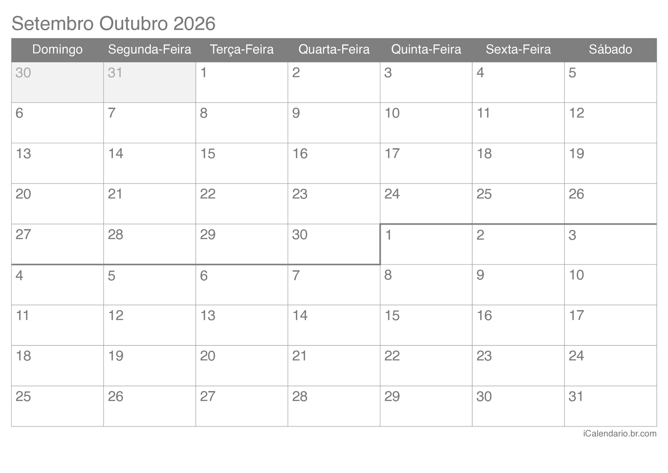 Calendário de setembro outubro 2026