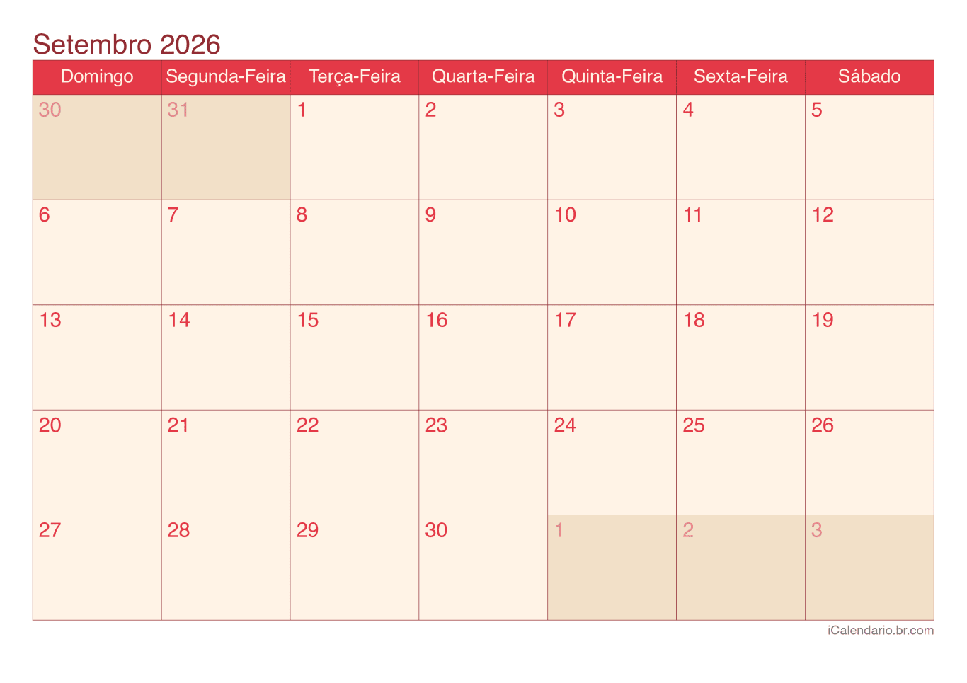 Calendário de setembro 2026 - Cherry