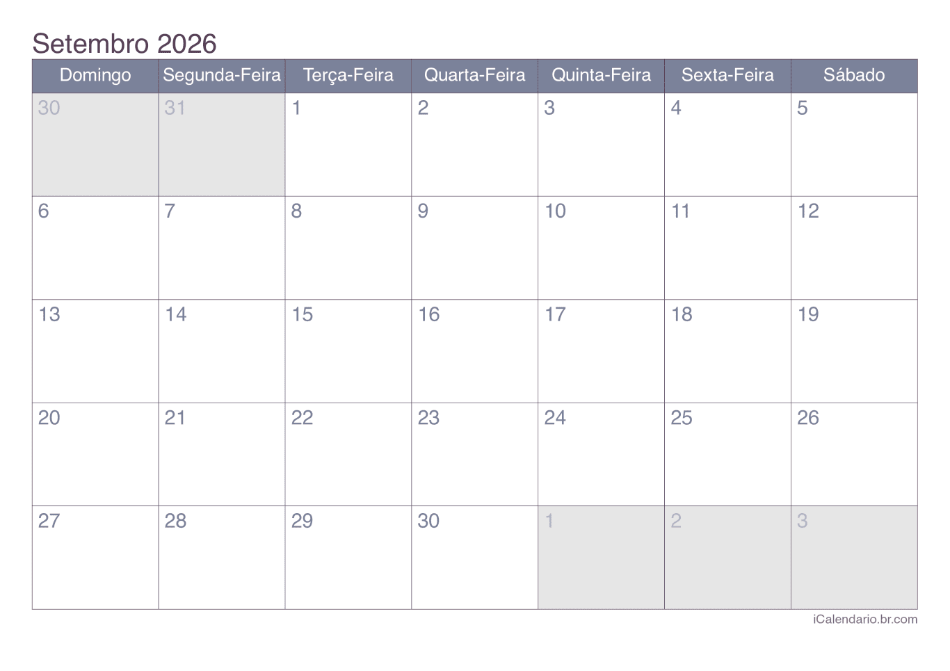 Calendário de setembro 2026 - Office