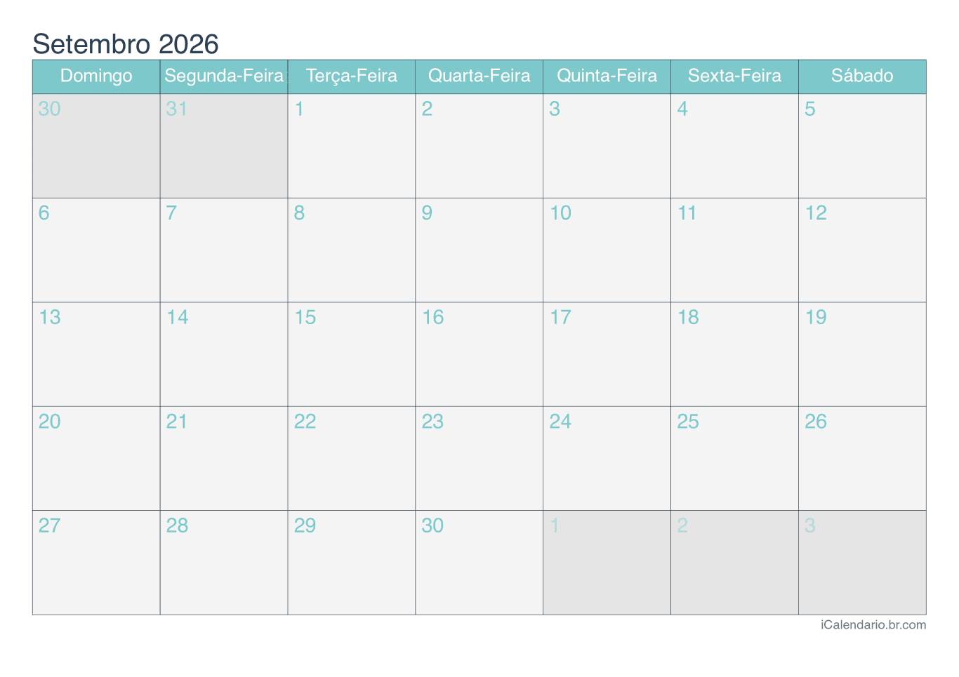 Calendário de setembro 2026 - Turquesa