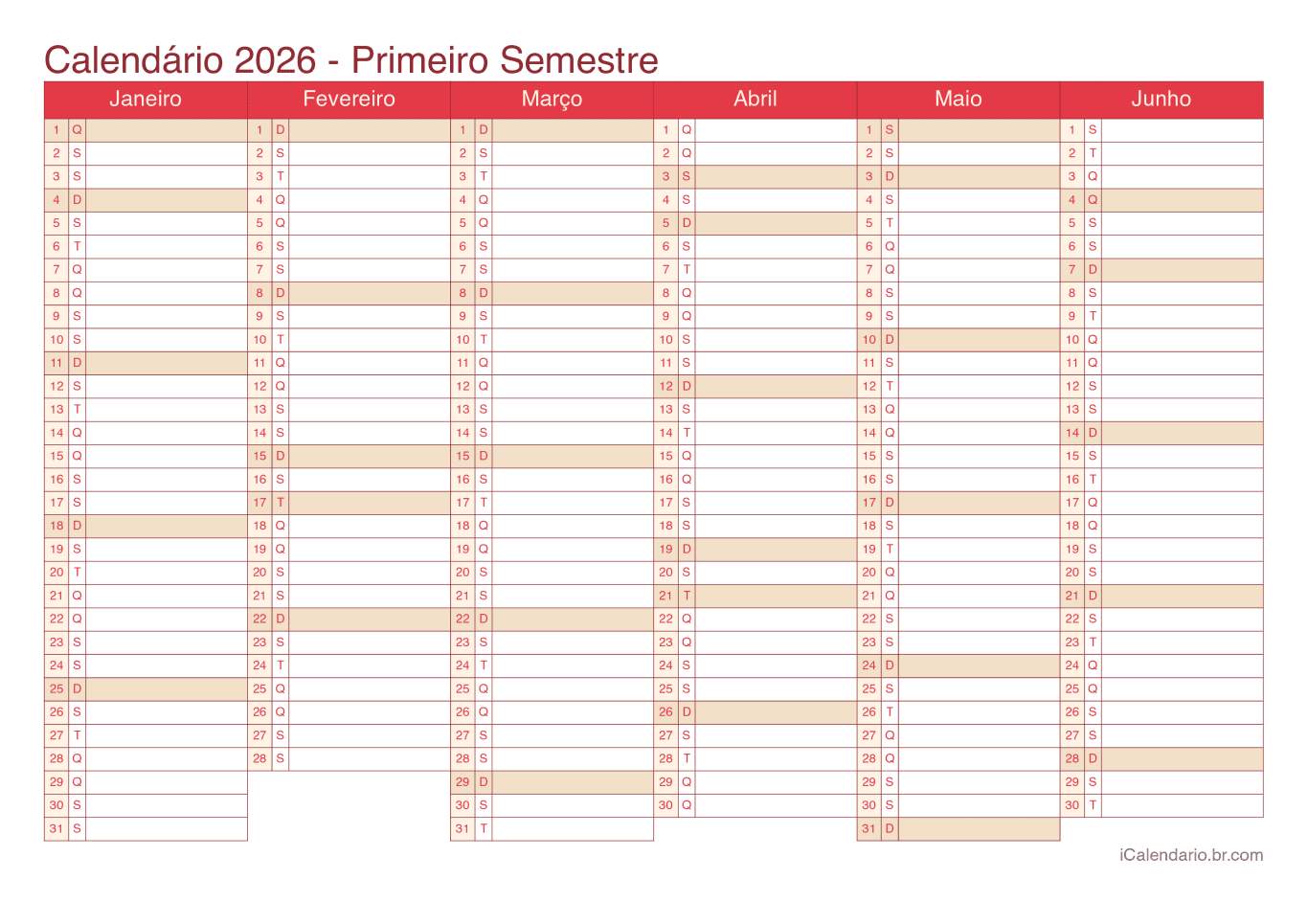 Calendário por semestre 2026 - Cherry