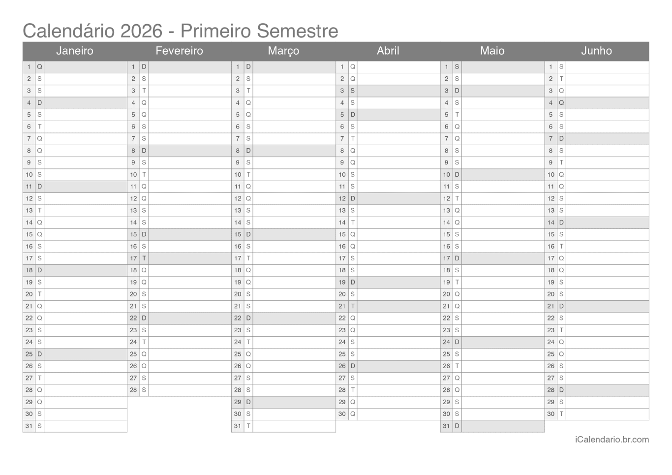 Calendário por semestre 2026