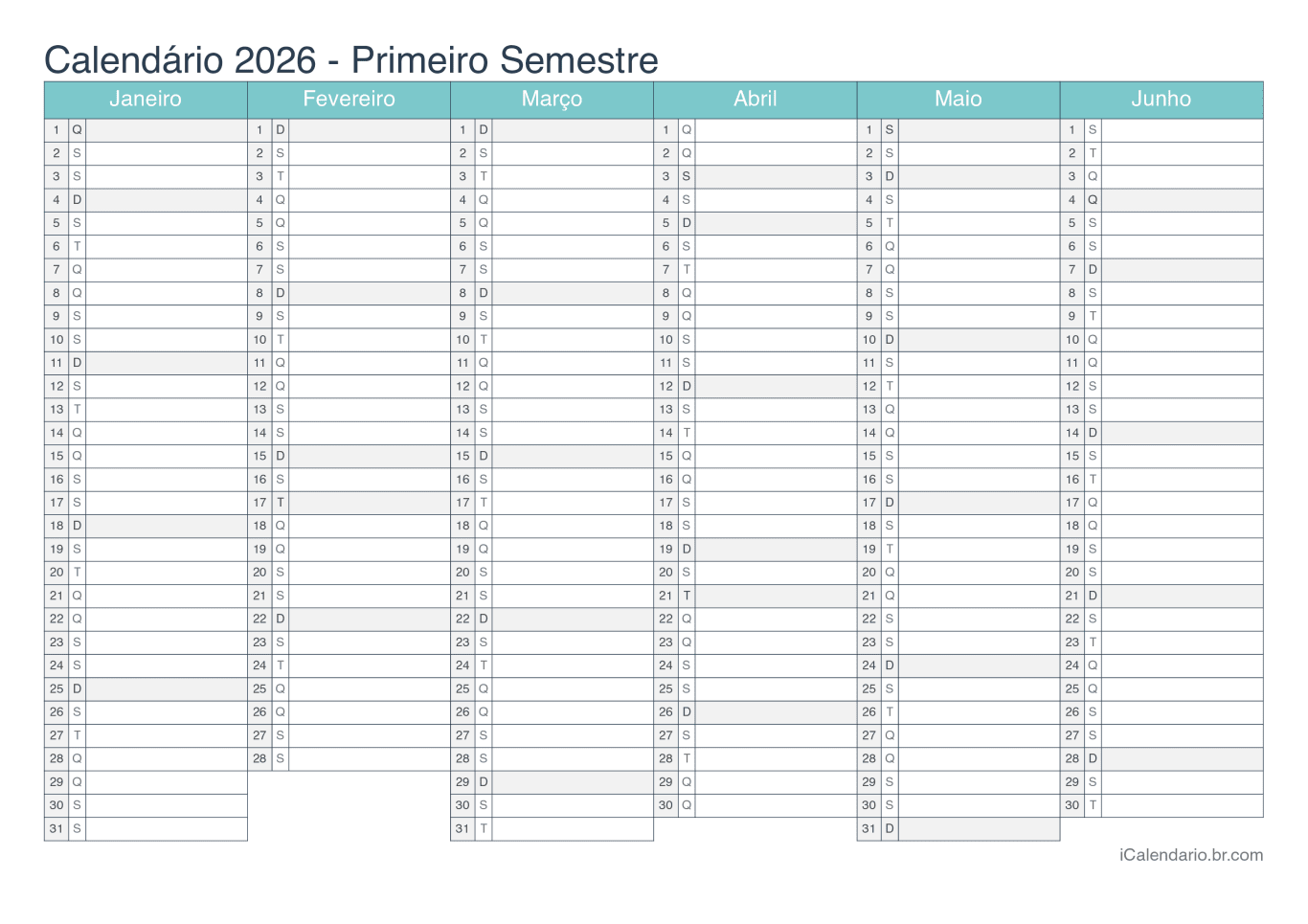 Calendário por semestre 2026 - Turquesa