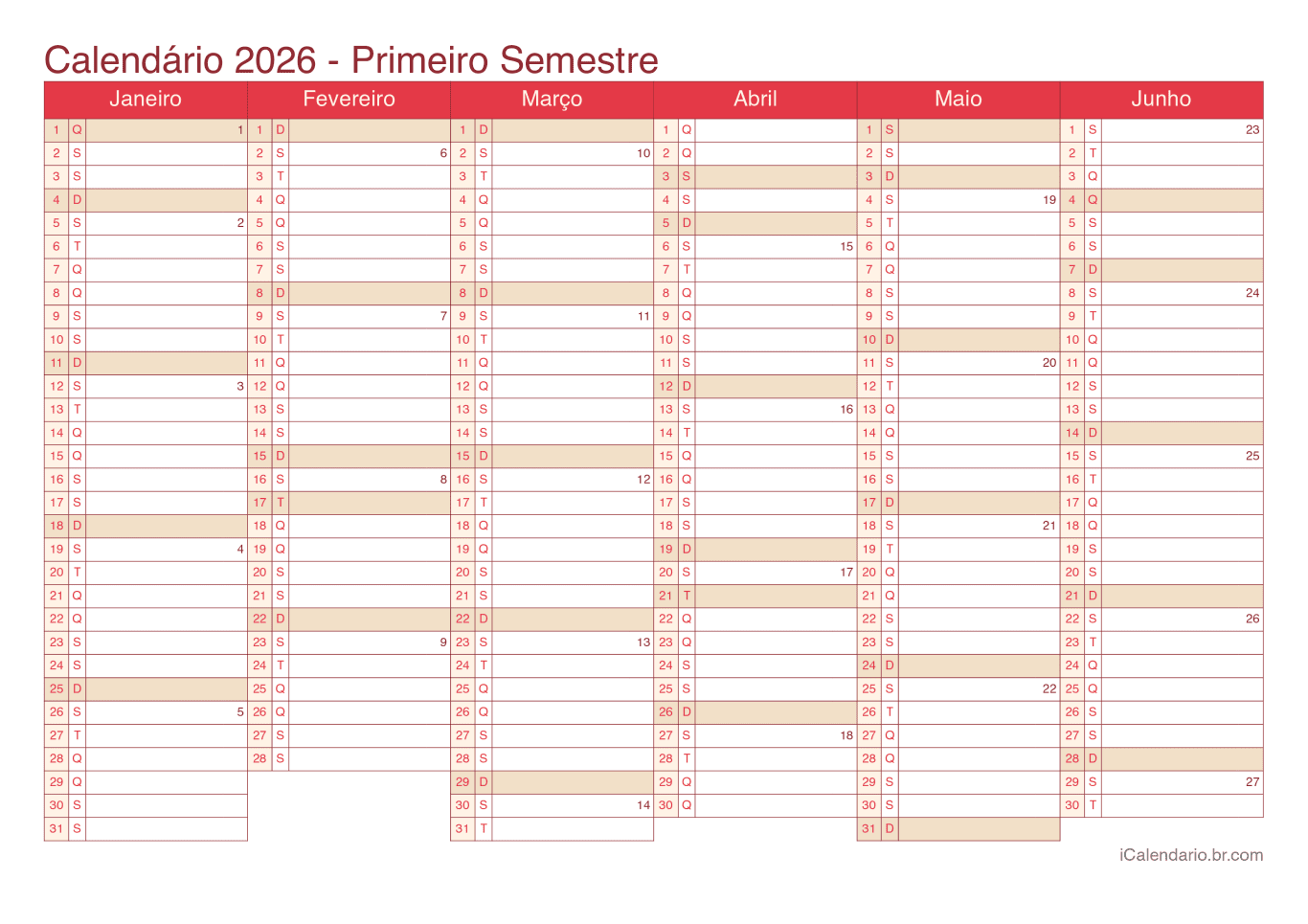 Calendário por semestre com números da semana 2026 - Cherry