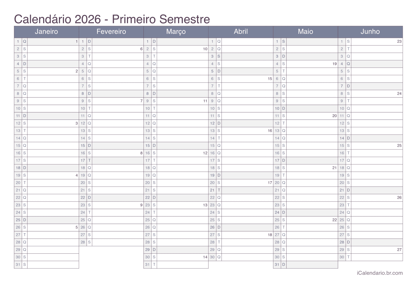 Calendário por semestre com números da semana 2026 - Office