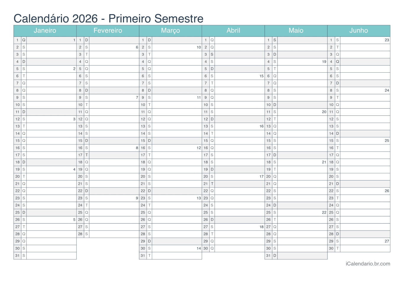 Calendário por semestre com números da semana 2026 - Turquesa