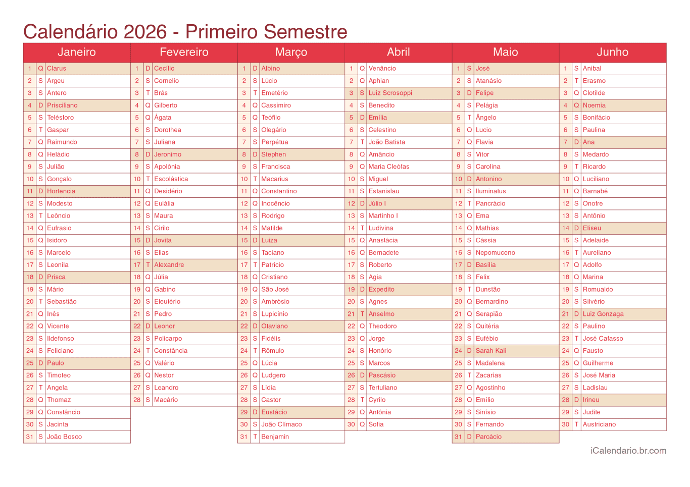 Calendário por semestre 2026 com festa do dia - Cherry