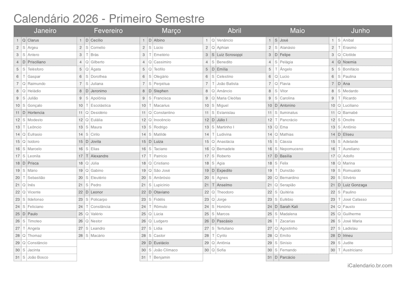 Calendário por semestre 2026 com festa do dia