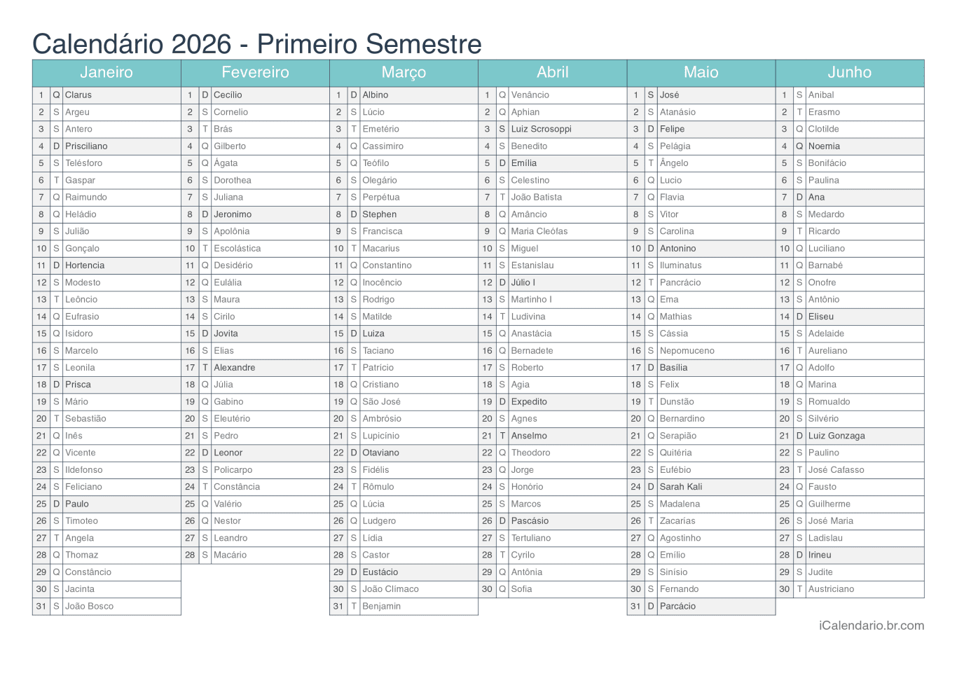 Calendário por semestre 2026 com festa do dia - Turquesa