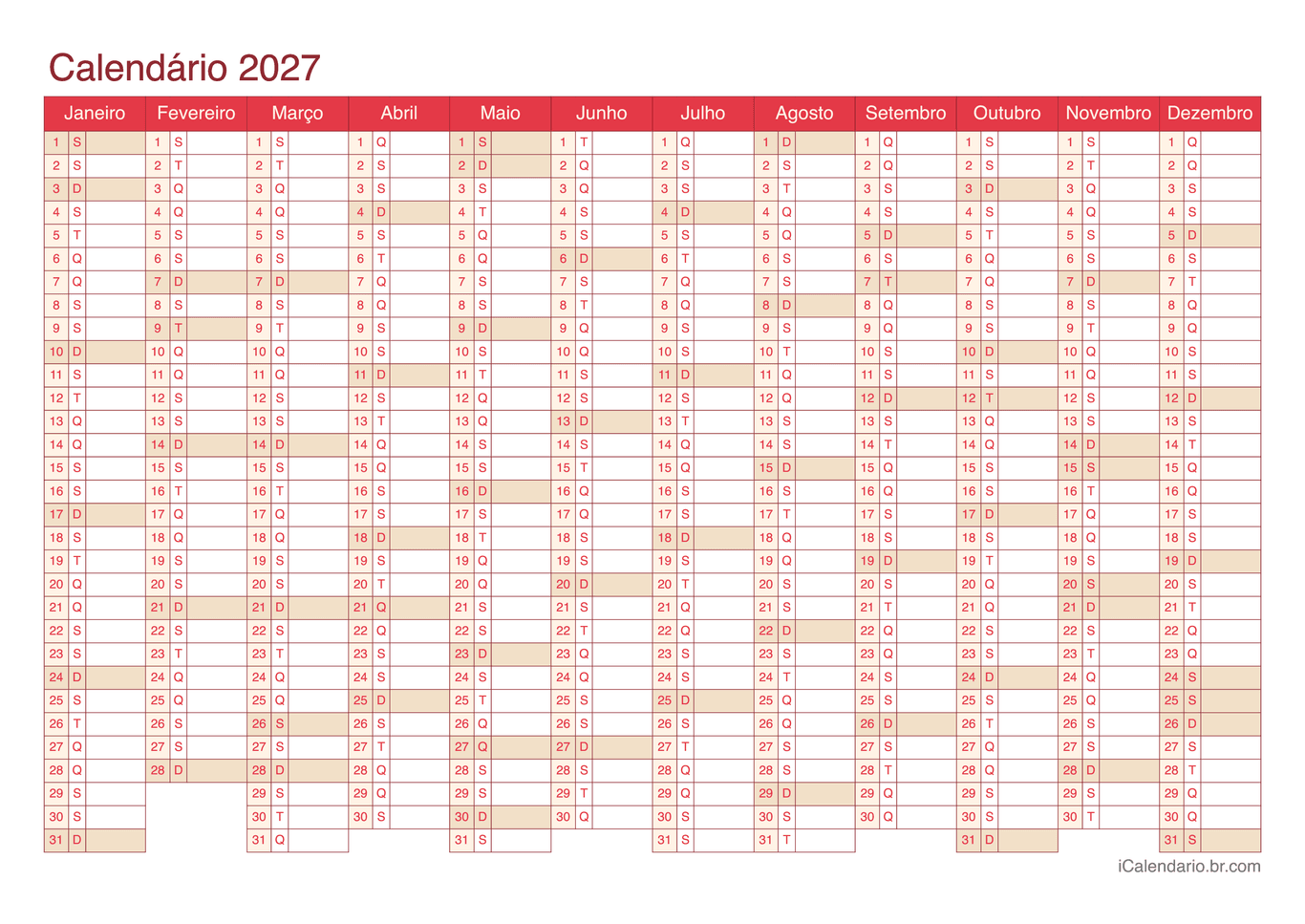 Calendário 2027 - Cherry
