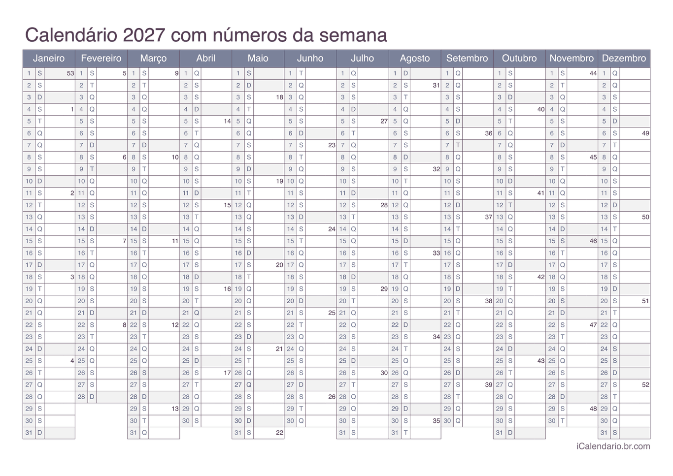 Calendário 2027 com números da semana - Office