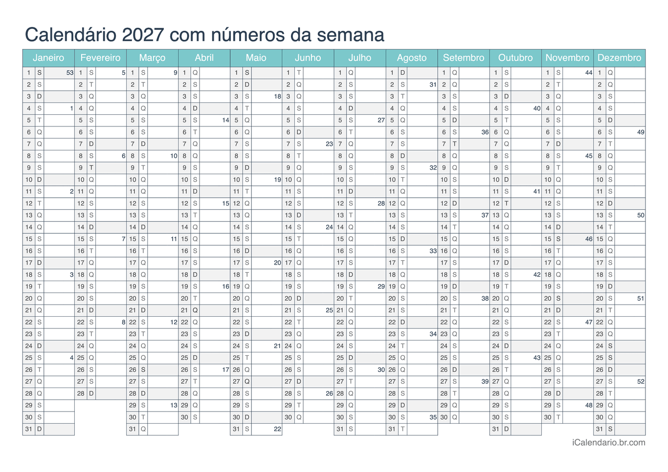 Calendário 2027 com números da semana - Turquesa