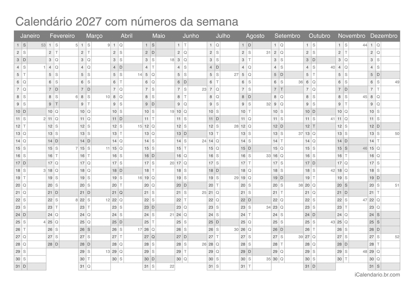 Calendário 2027 com números da semana