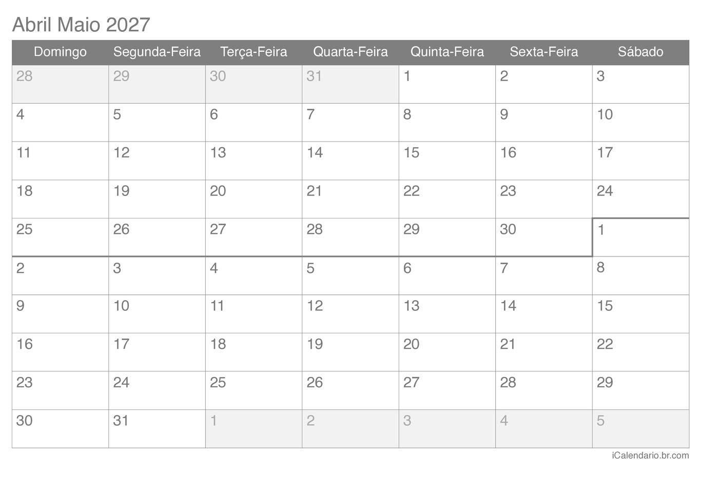 Calendário de abril maio 2027