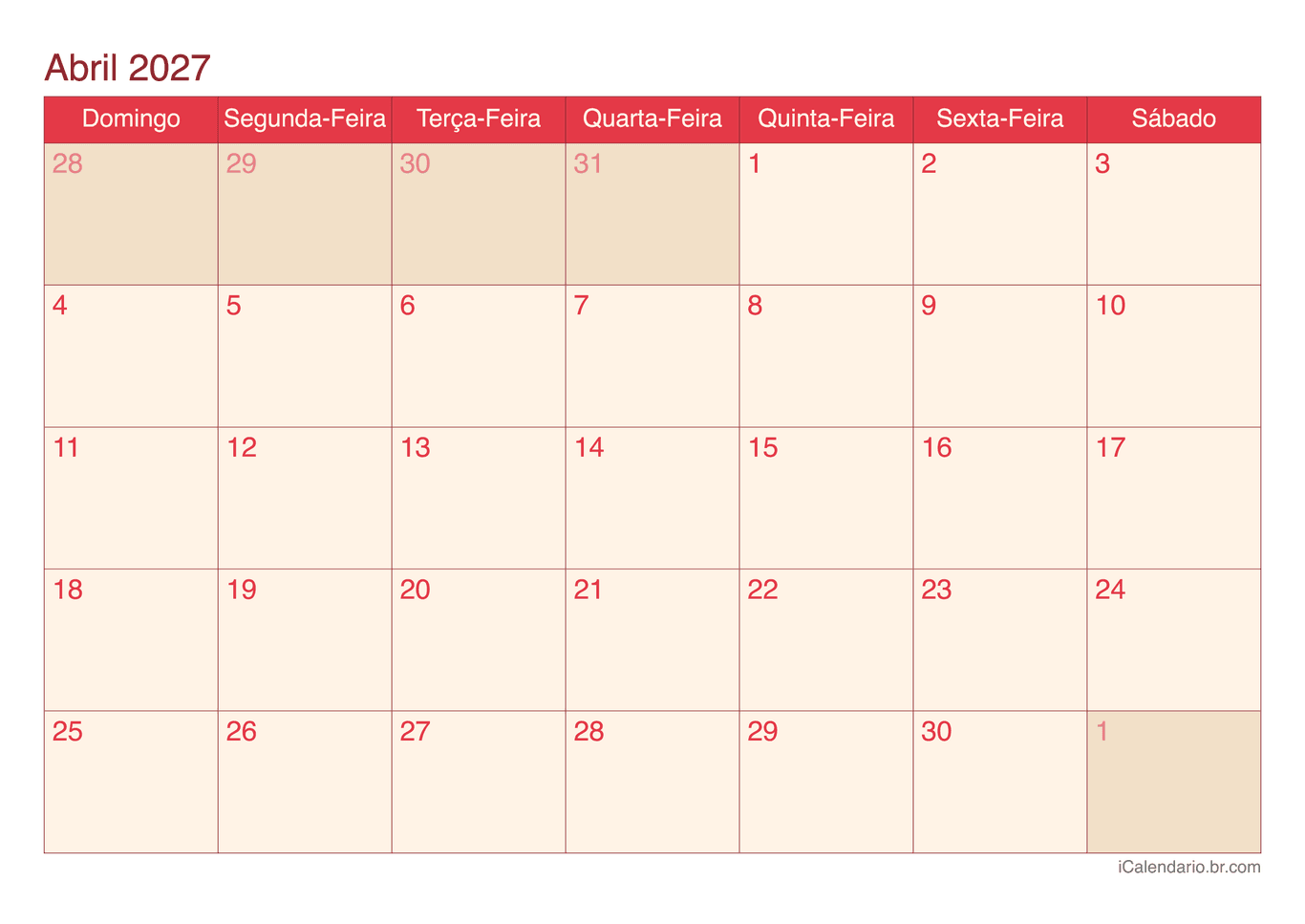 Calendário de abril 2027 - Cherry