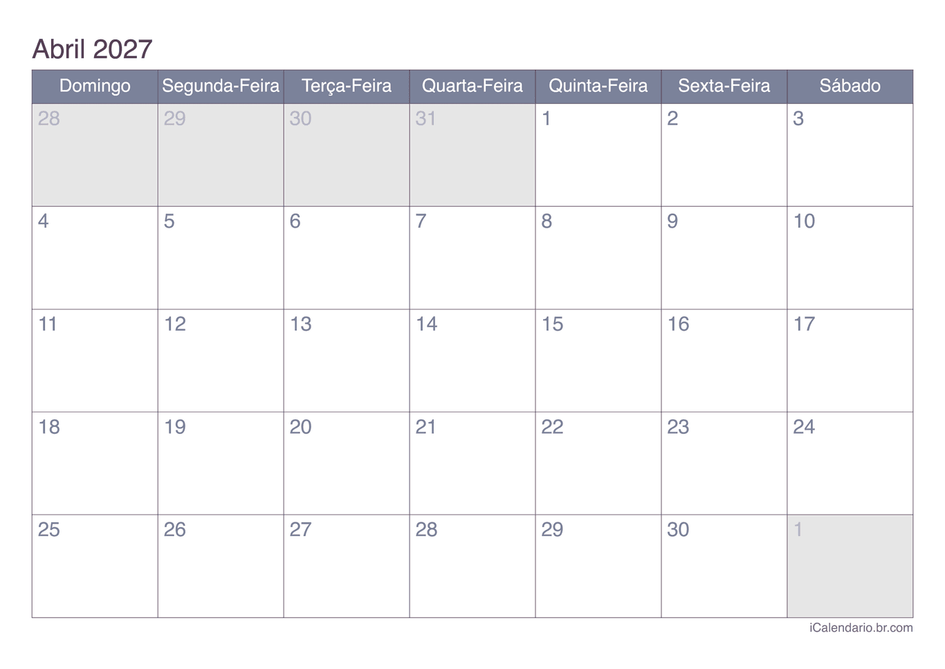 Calendário de abril 2027 - Office